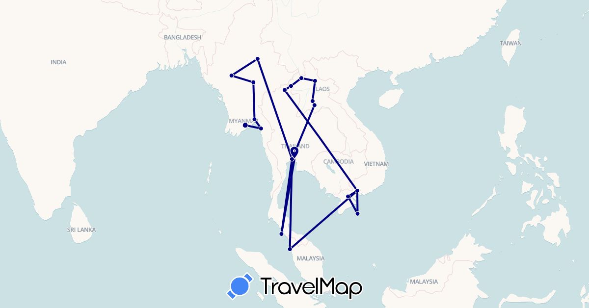 TravelMap itinerary: driving in Laos, Myanmar (Burma), Malaysia, Thailand, Vietnam (Asia)